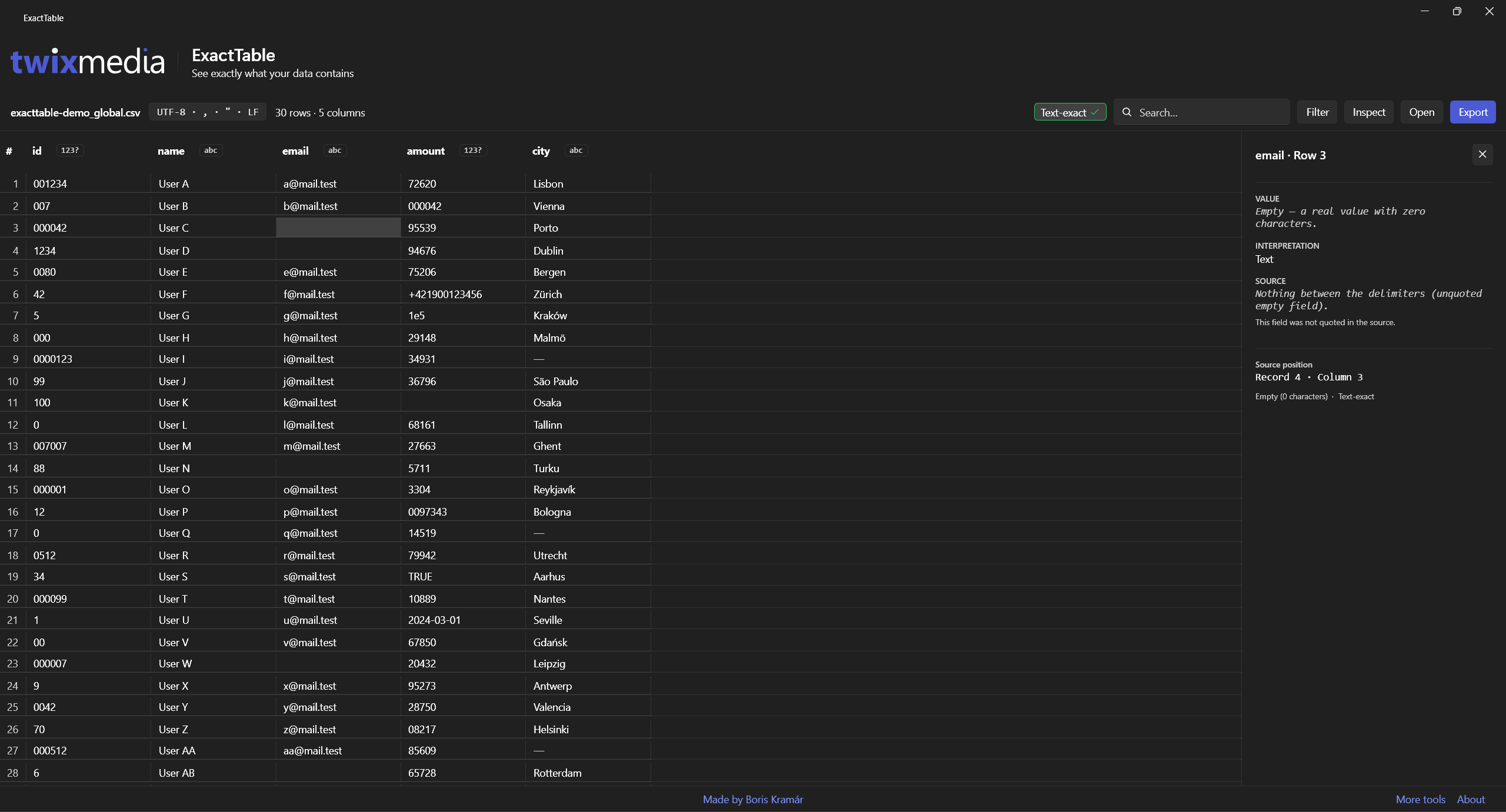 ExactTable desktop window — CSV viewer that shows data exactly as stored
