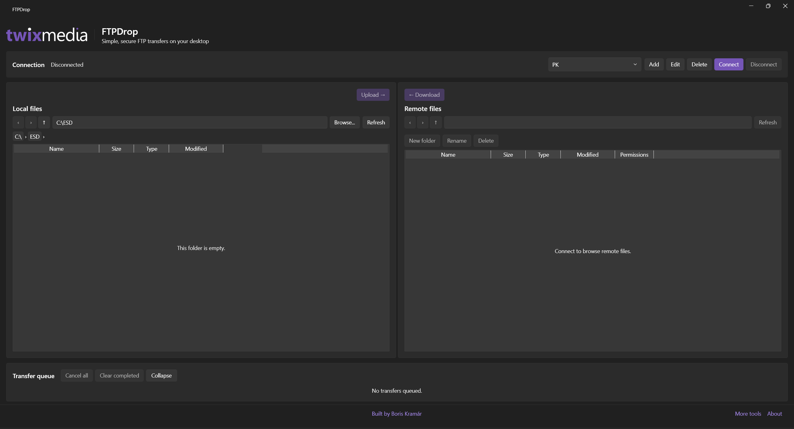 FTPDrop desktop window — secure FTP/FTPS client with encrypted credentials