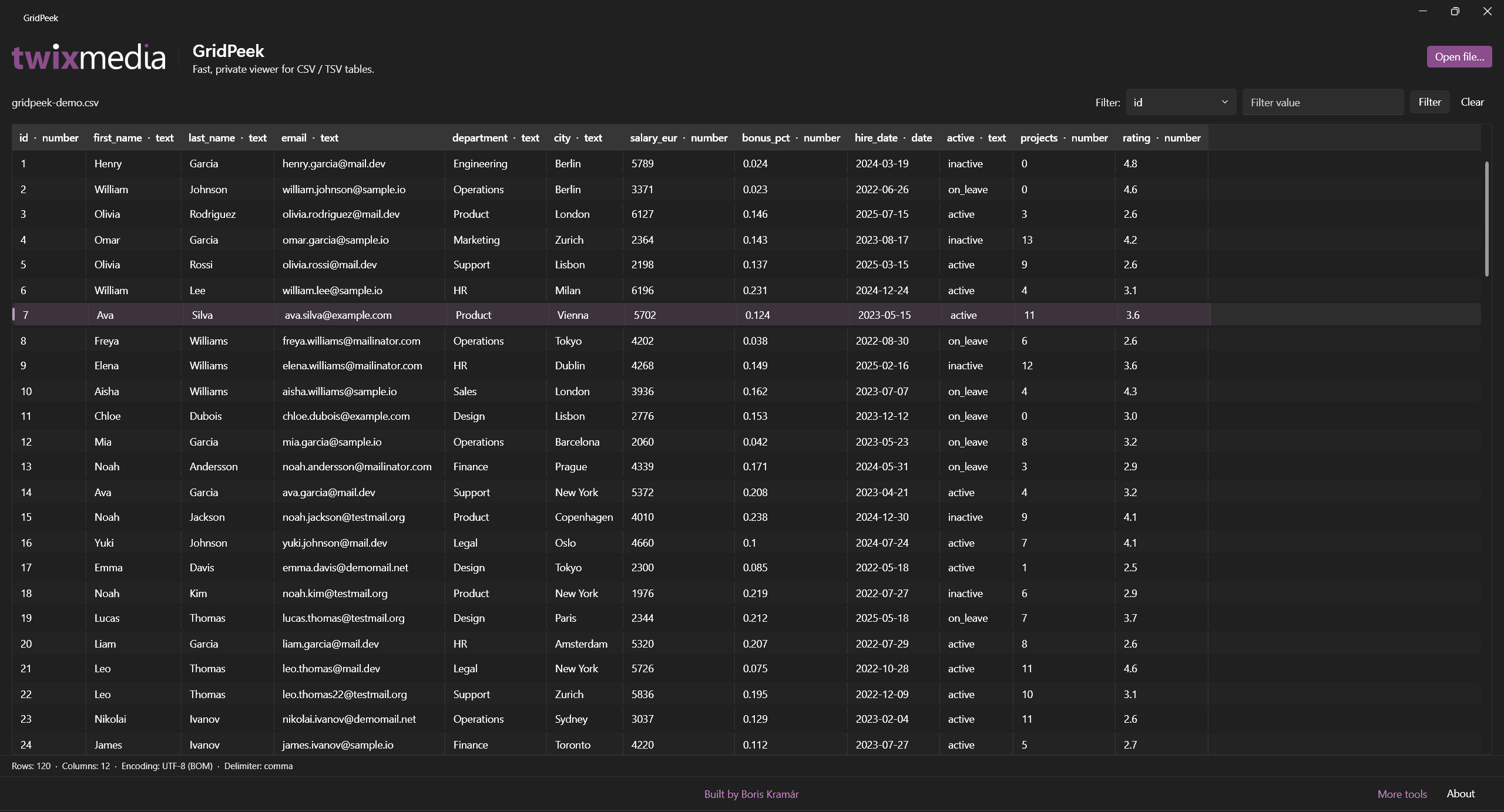 GridPeek desktop window — virtualized viewer for multi-gigabyte CSV and TSV files