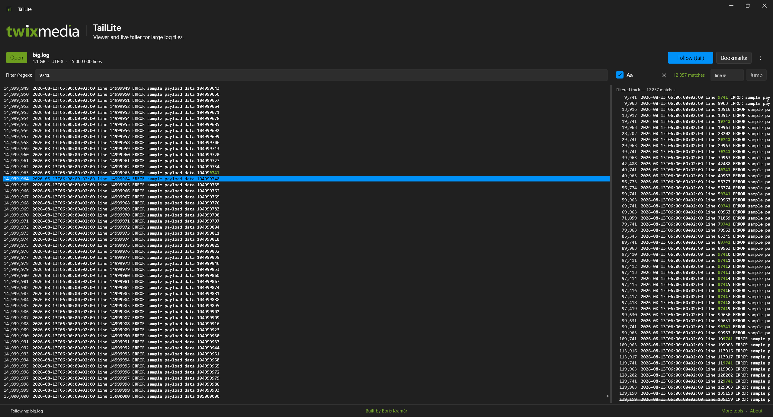 TailLite desktop window — live tailer and viewer for massive log files