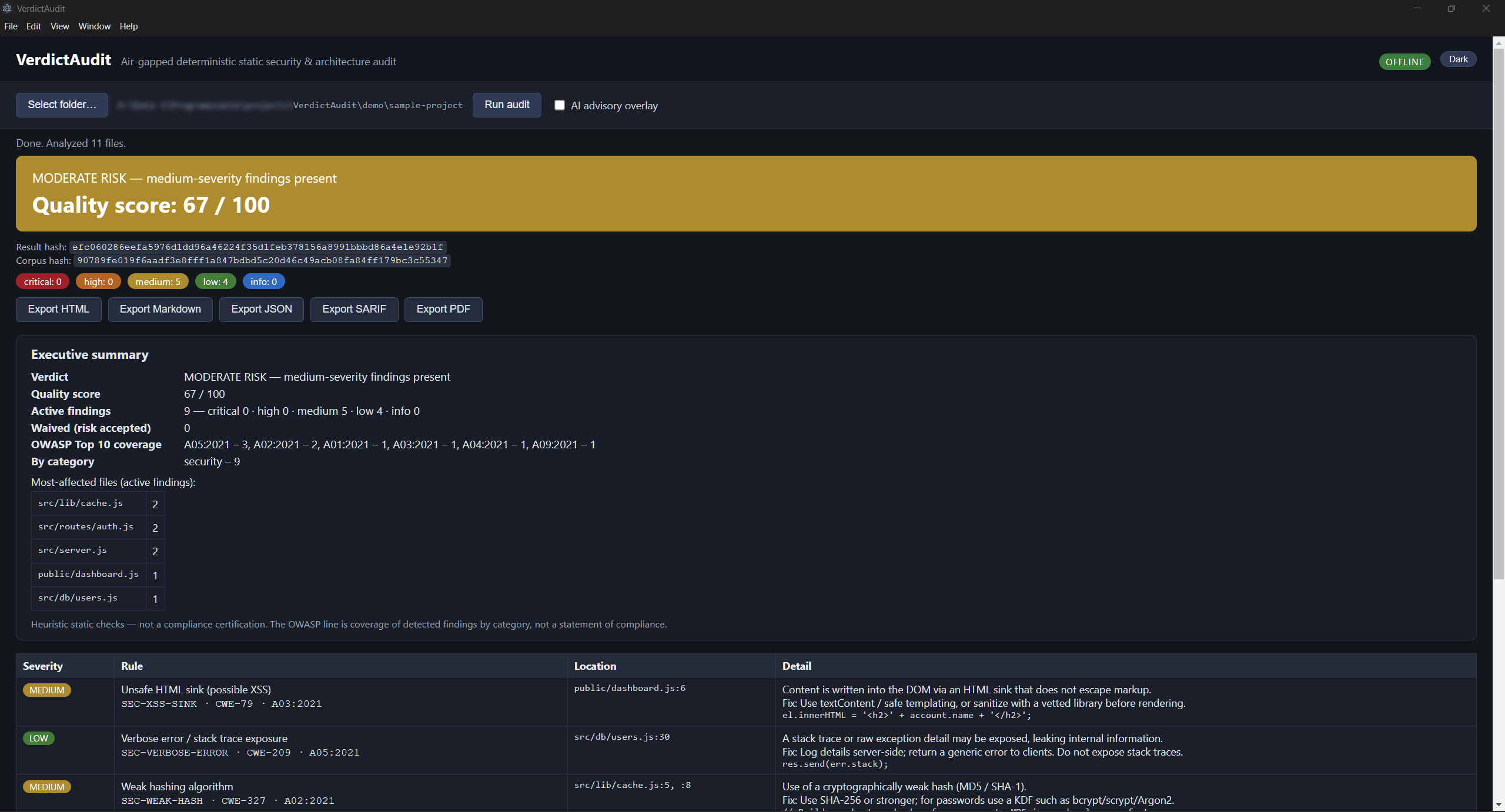 VerdictAudit desktop window — air-gapped deterministic static security and architecture audits for regulated environments