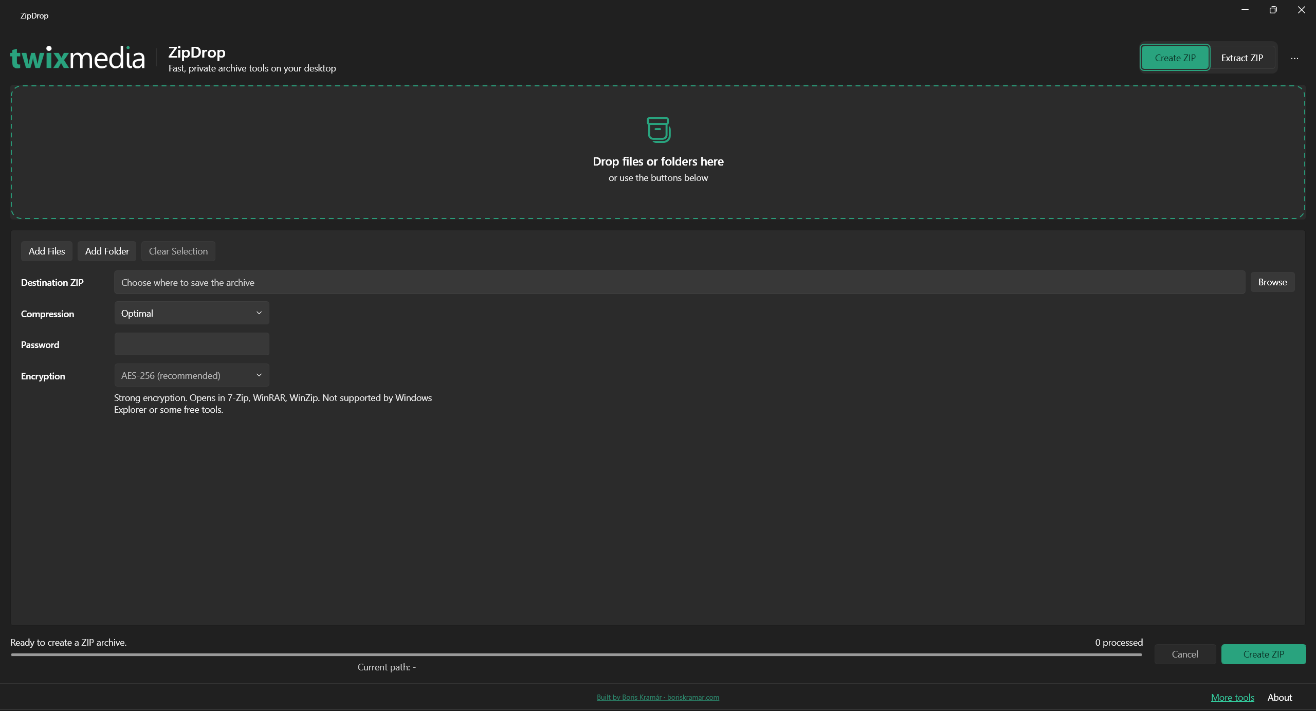 ZipDrop desktop window — ZIP archiving with AES-256 password protection